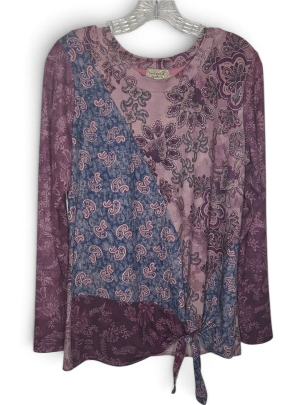ONE WORLD Mauve and Blue Patchwork Tie-Front Long Sleeve Top